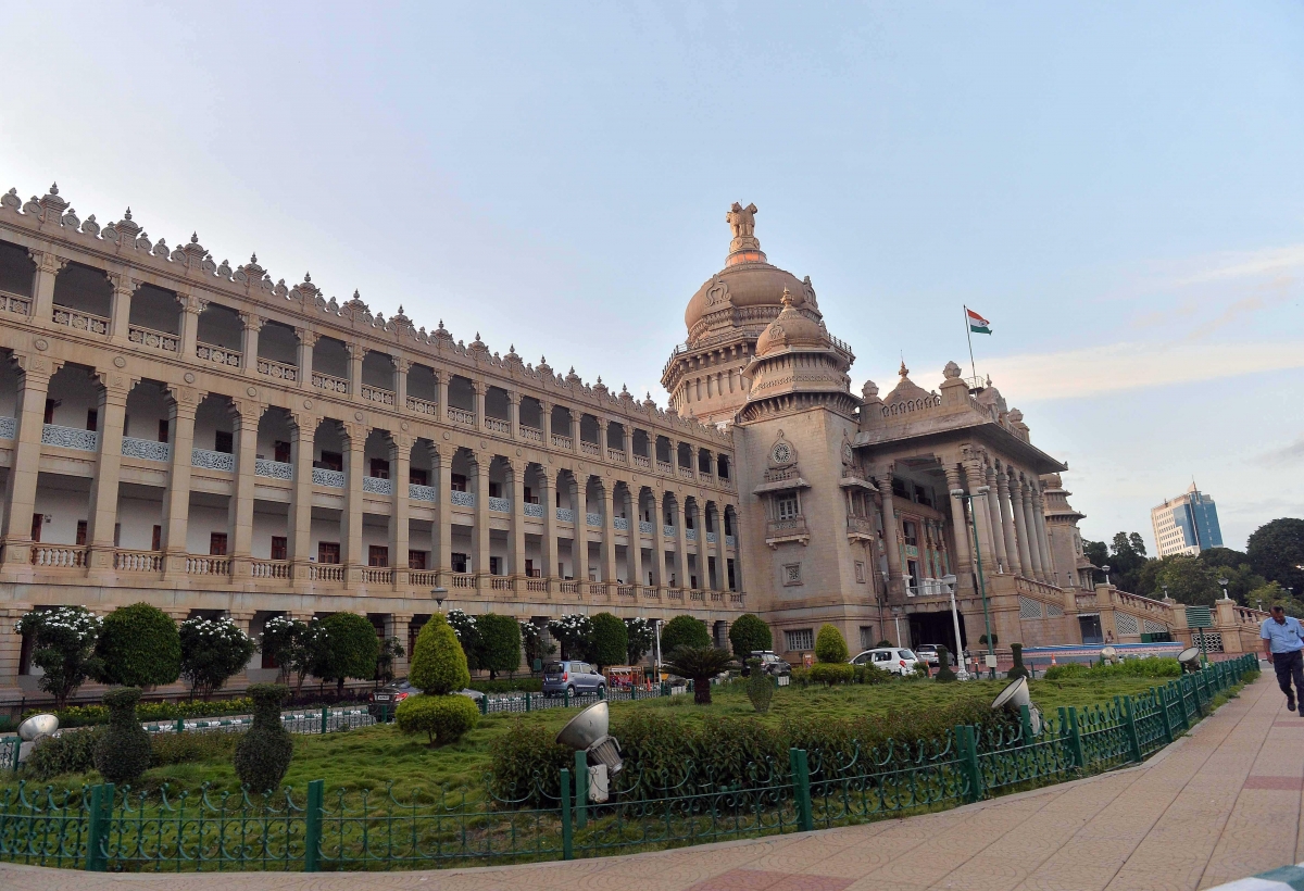 A view of Vidhana Soudha after the entry gates were closed following political development in Karnataka on July 10, 2019.