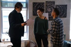 Taapsee Pannu with Amitabh Bachchan and director Sujoy Ghosh on Badla set