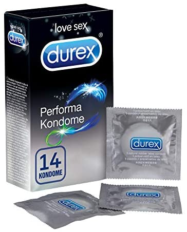 Durex Performa Kondome – Aktverlängernde Kondome mit 5% benzocainhaltigem Gel für länger andauerndes Sexvergnügen – 14er Pack (1 x 14 Stück)