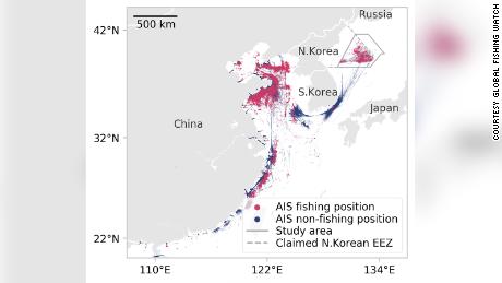 Diese Grafik von Global Fishing Watch zeigt den Standort aller Schiffe, die als wahrscheinliche Fischereifahrzeuge identifiziert wurden, die in den Jahren 2017 und 2018 in der von Nordkorea beanspruchten exklusiven Wirtschaftszone fahren.
