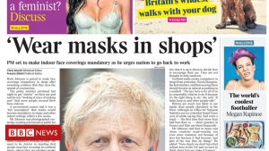 Schlagzeilen in der Zeitung: "Tragen Sie Masken in Geschäften" und "Gehen Sie zurück ins Büro".