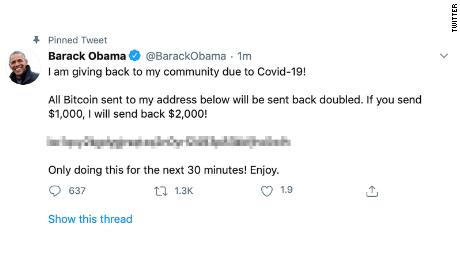 Der Twitter-Account von Barack Obama schien im Rahmen eines umfassenderen Sicherheitsvorfalls auf der Plattform am Mittwoch ebenfalls kompromittiert worden zu sein. CNN verwischte einen Teil des Bildes.