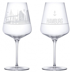 I LOVE Hamburg Weingläser 2er Set | Weinglas mit Gravur der Hamburg Skyline | Souvenir Deutschland | Geschenkidee Muttertag, Vatertag, Gastgeschenk | Geschenkbox Deutschland | MADE IN GERMANY